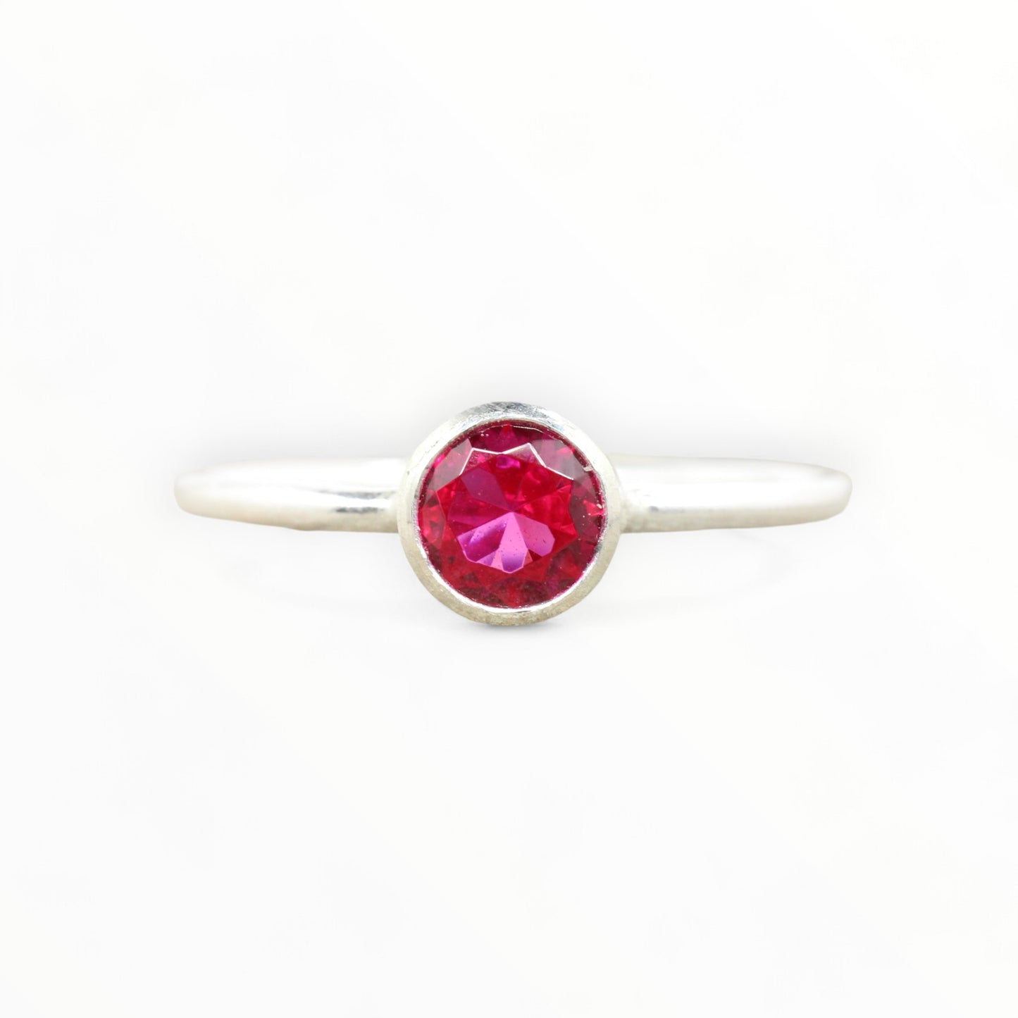 Sterling Silver Lab Ruby Stacking Ring // 5mm Faceted Gemstone July Birthstone Stackable Ring