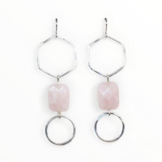 Sterling Silver Rose Quartz Statement Earrings // Long Geometric Minimalist Dangle Earrings