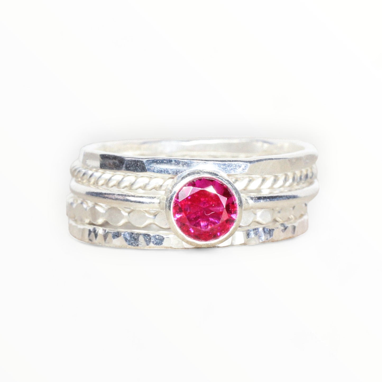 Lab Ruby Stacking Ring Set in Sterling Silver // 5mm Faceted Gemstone July Birthstone