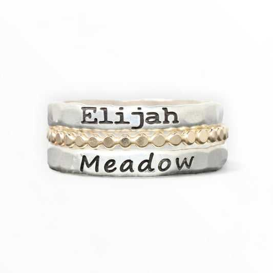 Sterling Silver Name Ring Set of 3 // 2 Name Rings and a Dot Spacer Ring