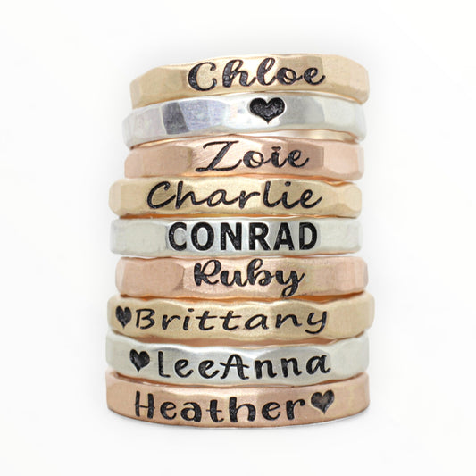 Stackable Engraved Rings // Sterling Silver, Gold, or Rose Gold Hammered Custom Name Ring //  Personalized Gift for Mom