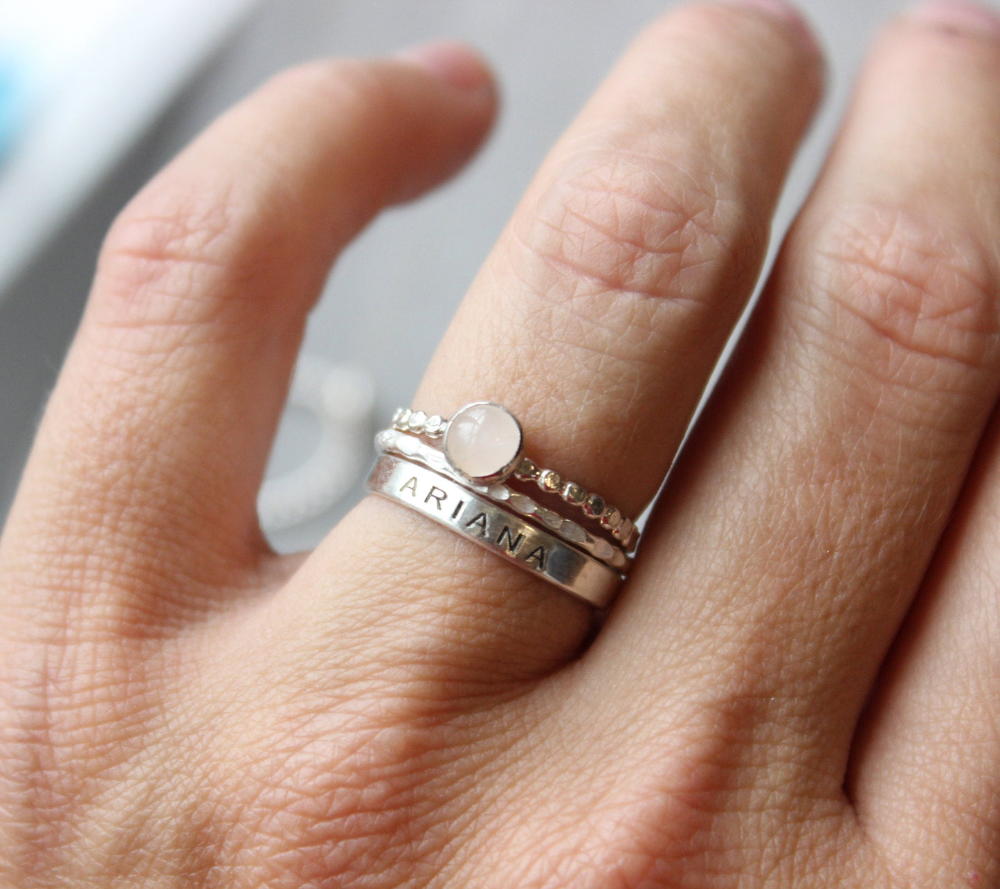 Rainbow Moonstone Ring Set -  Sterling Silver Gemstone Ring Set - Set of 3 Birthstone and Name Ring - Engraved Ring with 5mm Gemstone