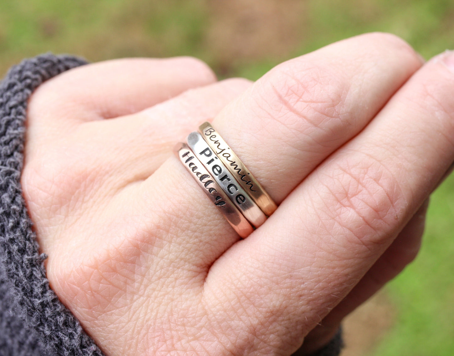 Stackable Engraved Rings // Sterling Silver, Gold, or Rose Gold Hammered Custom Name Ring //  Personalized Gift for Mom