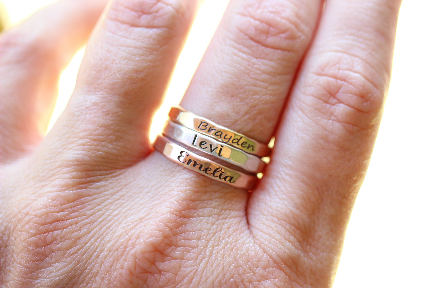 Stackable Engraved Rings // Sterling Silver, Gold, or Rose Gold Hammered Custom Name Ring //  Personalized Gift for Mom