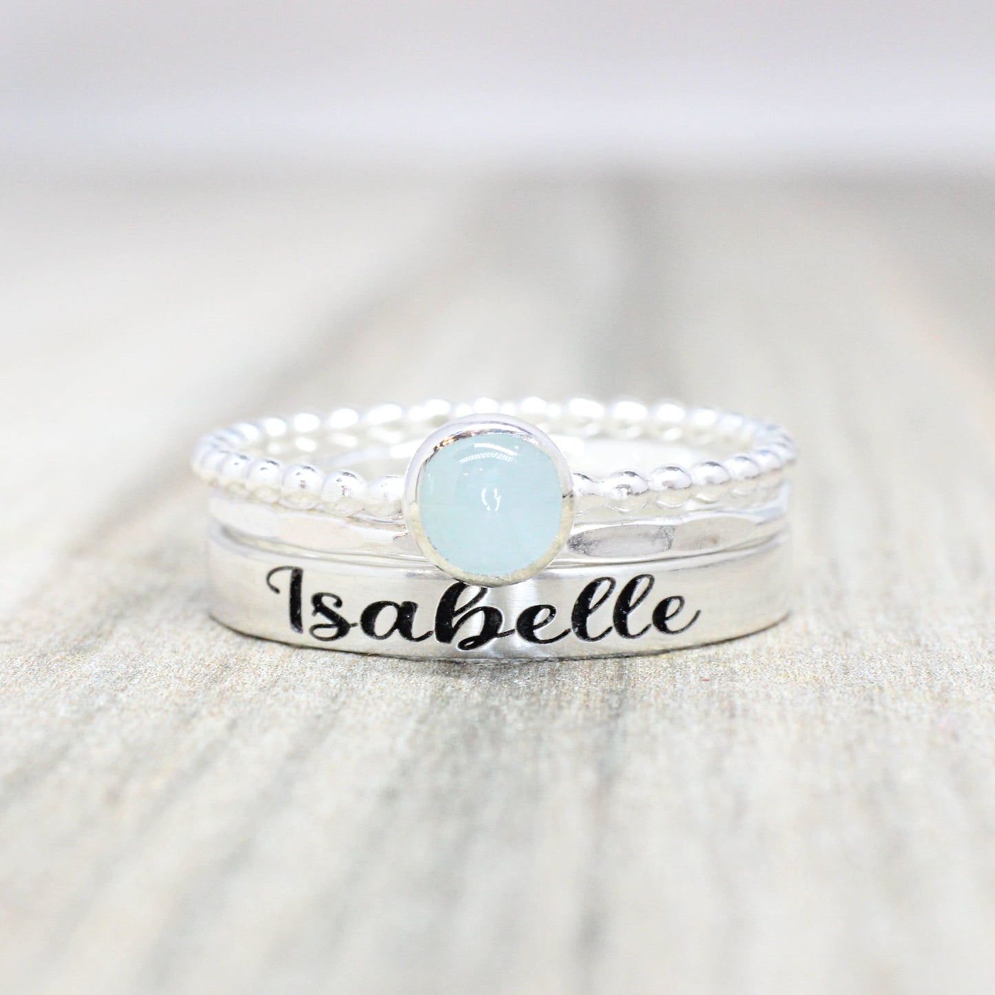 Rainbow Moonstone Ring Set -  Sterling Silver Gemstone Ring Set - Set of 3 Birthstone and Name Ring - Engraved Ring with 5mm Gemstone