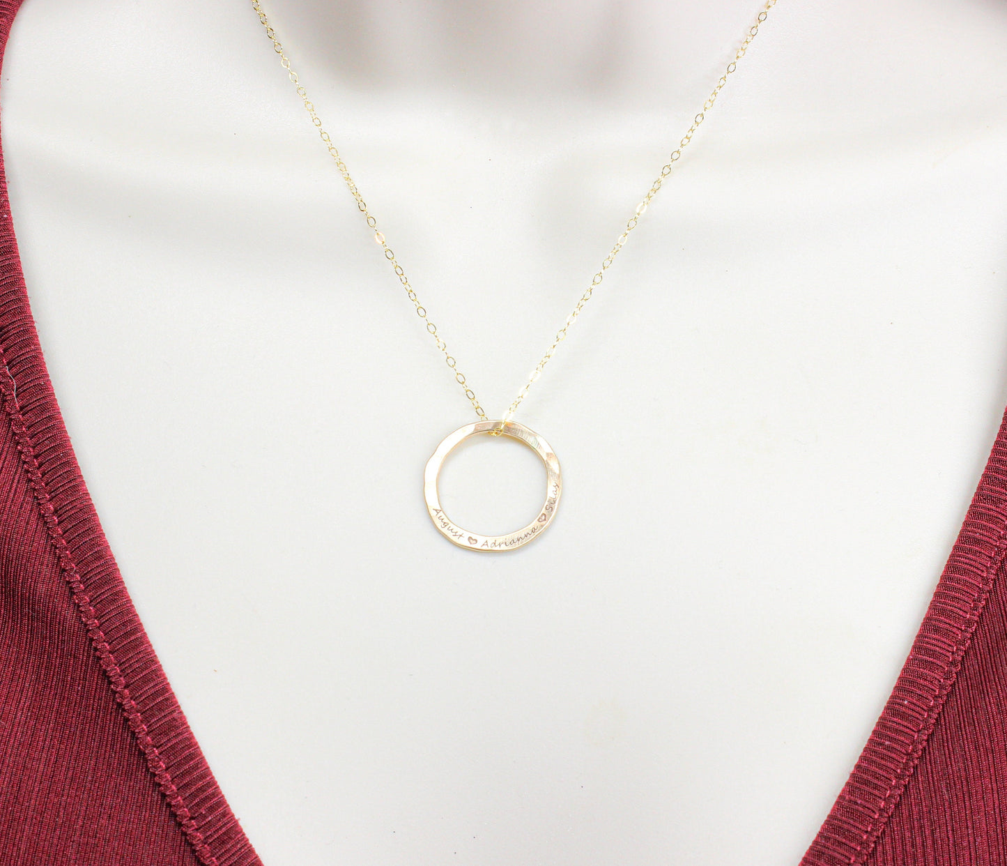 14k Gold Filled Hammered Circle Name Necklace | Custom Engraved Pendant | Handmade Personalized Jewelry