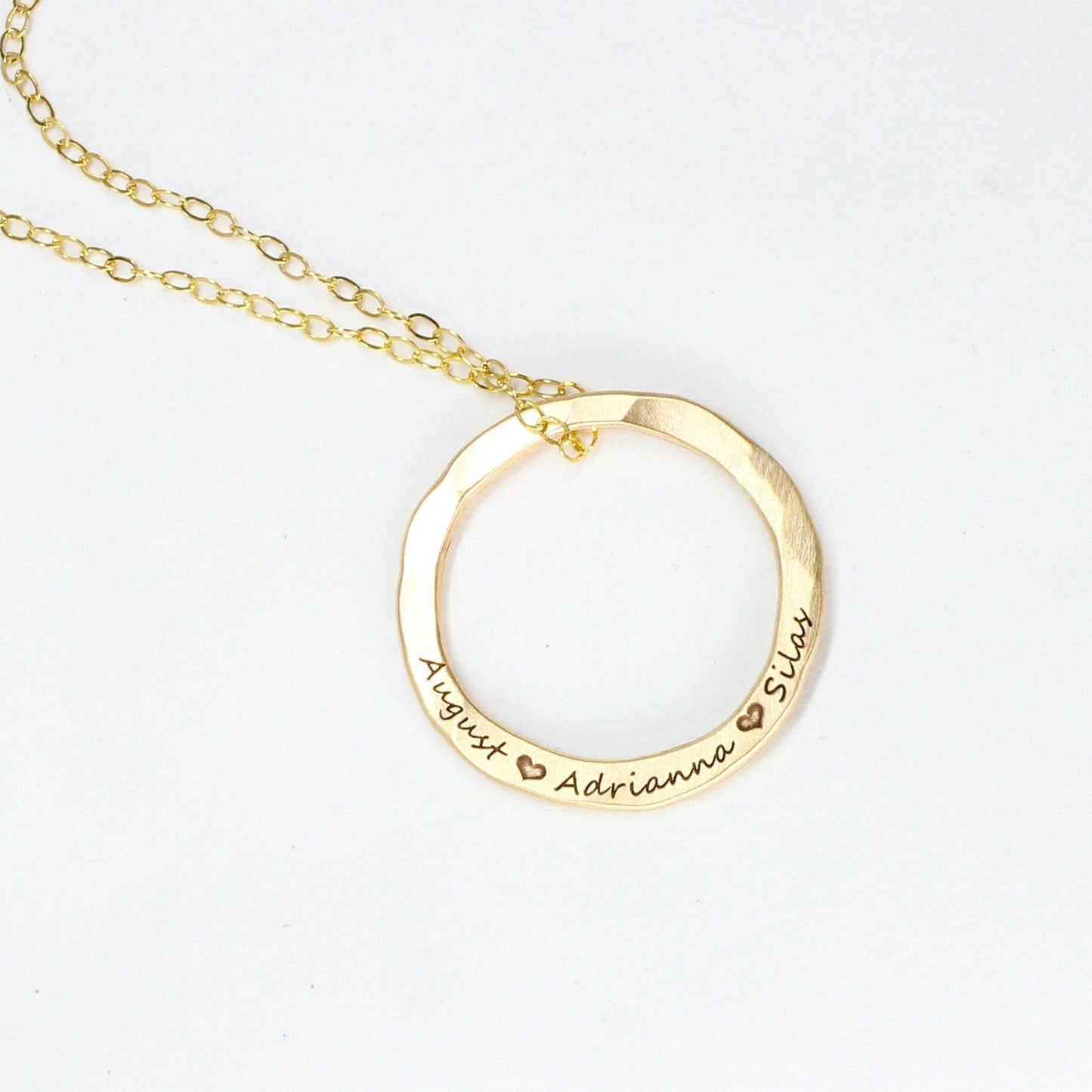 14k Gold Filled Hammered Circle Name Necklace | Custom Engraved Pendant | Handmade Personalized Jewelry