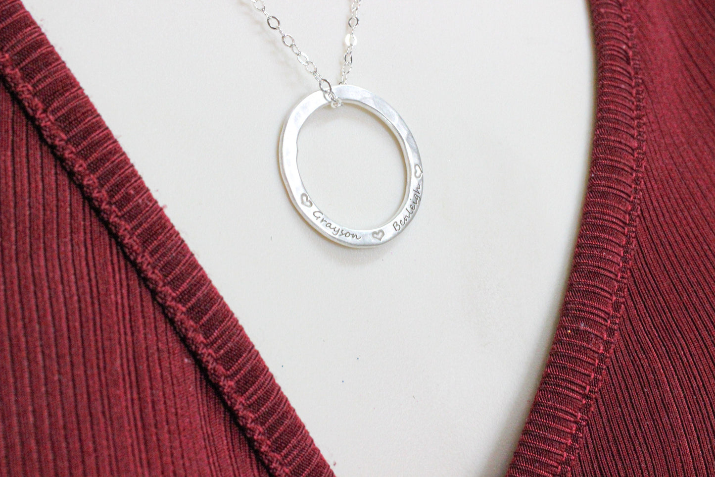 Custom Engraved Sterling Silver Hammered Circle Necklace