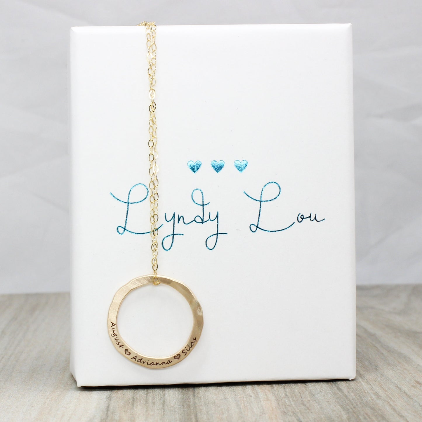 14k Gold Filled Hammered Circle Name Necklace | Custom Engraved Pendant | Handmade Personalized Jewelry