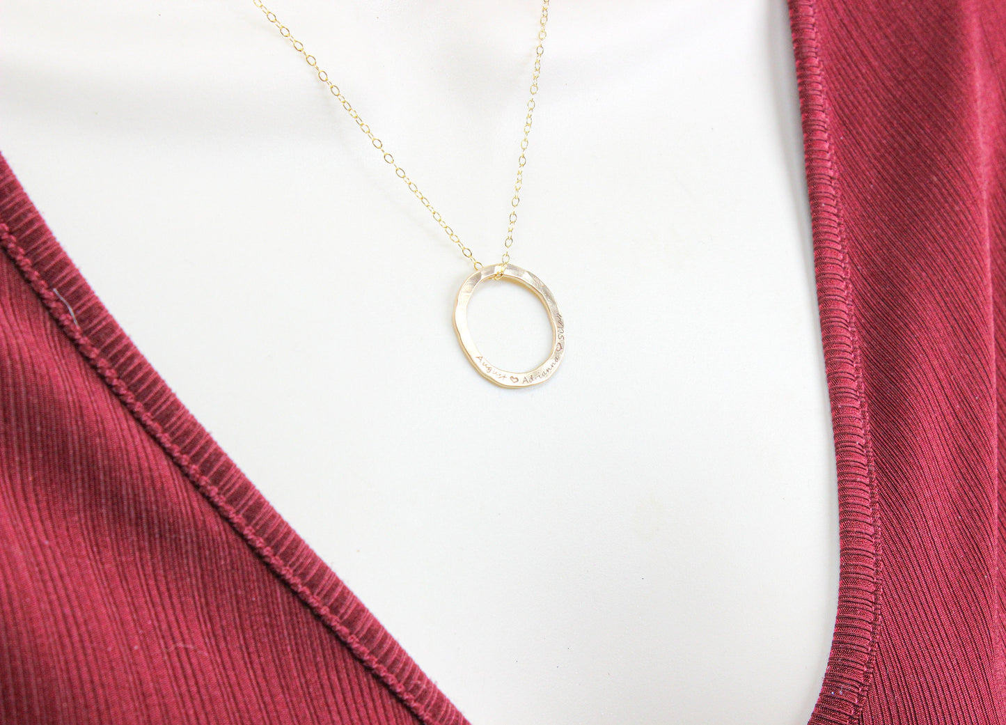 14k Gold Filled Hammered Circle Name Necklace | Custom Engraved Pendant | Handmade Personalized Jewelry