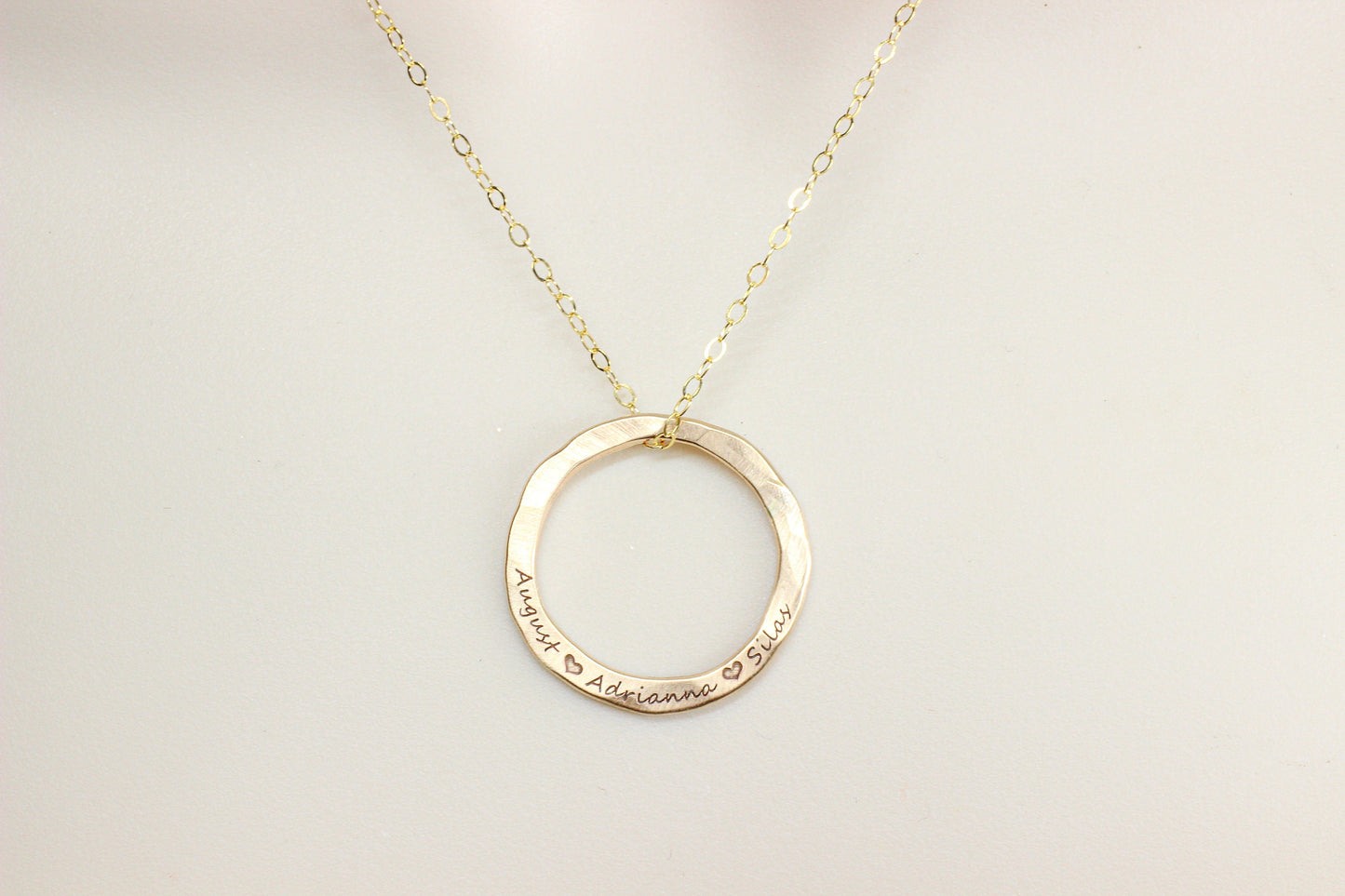 14k Gold Filled Hammered Circle Name Necklace | Custom Engraved Pendant | Handmade Personalized Jewelry