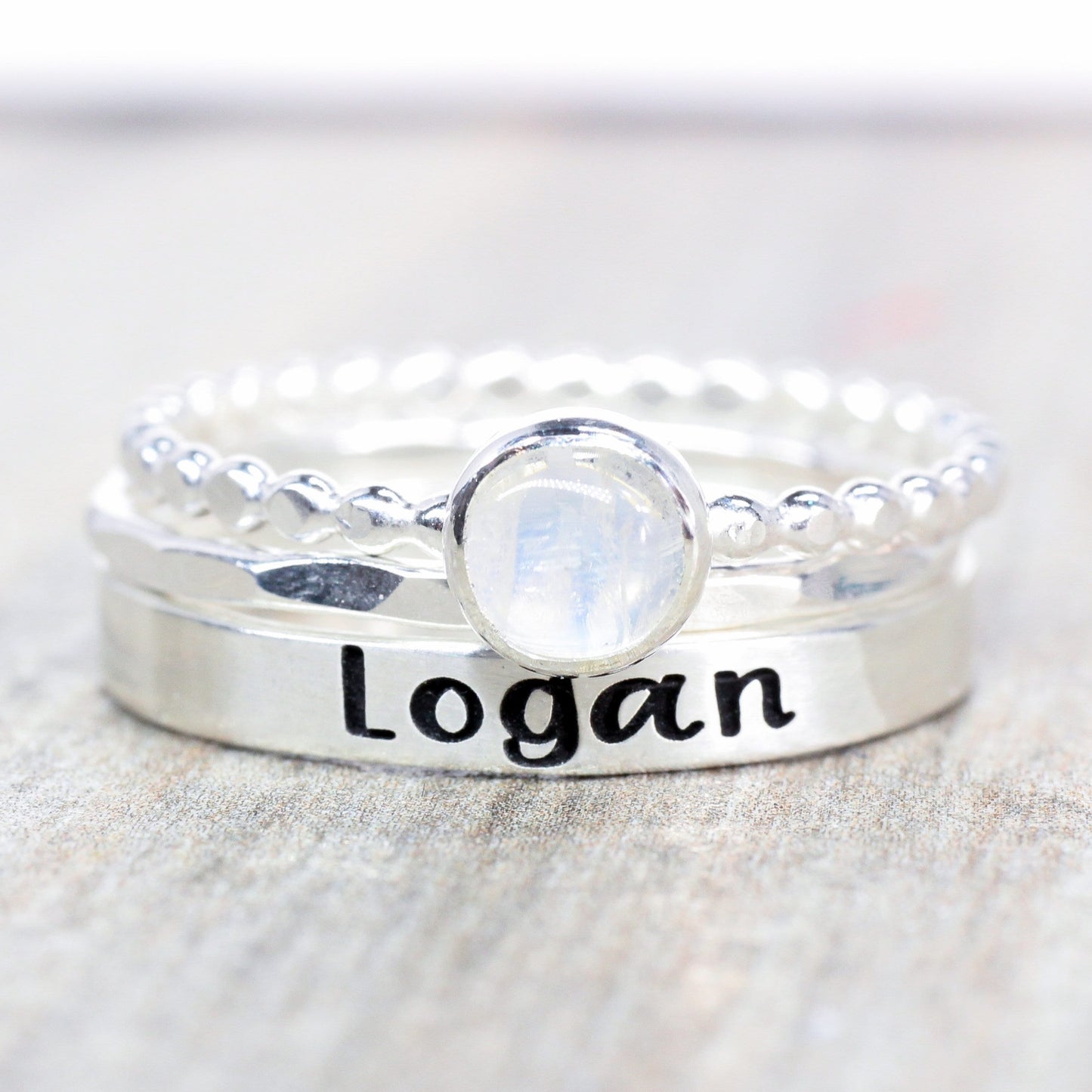 Rainbow Moonstone Ring Set -  Sterling Silver Gemstone Ring Set - Set of 3 Birthstone and Name Ring - Engraved Ring with 5mm Gemstone