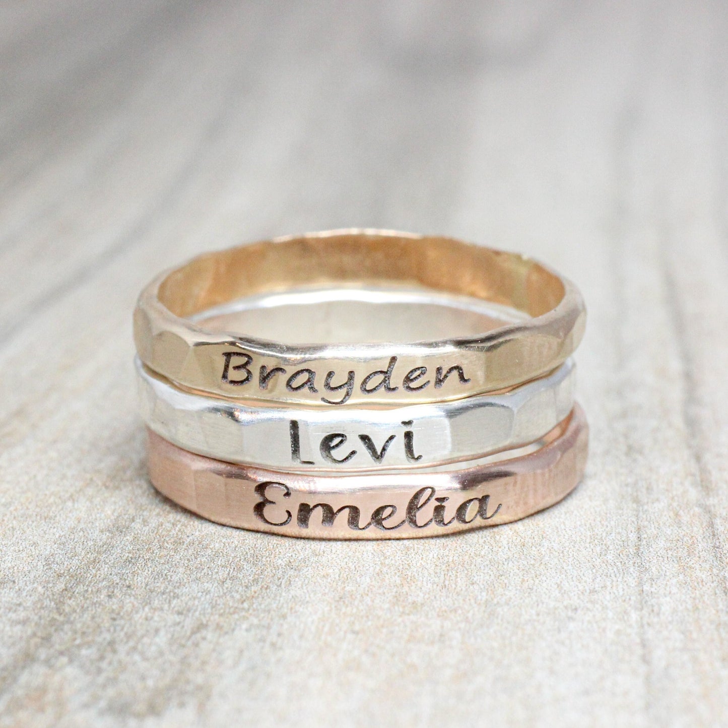 Stackable Engraved Rings // Sterling Silver, Gold, or Rose Gold Hammered Custom Name Ring //  Personalized Gift for Mom