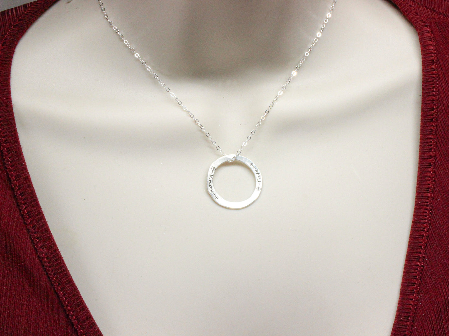 Custom Engraved Sterling Silver Hammered Circle Necklace