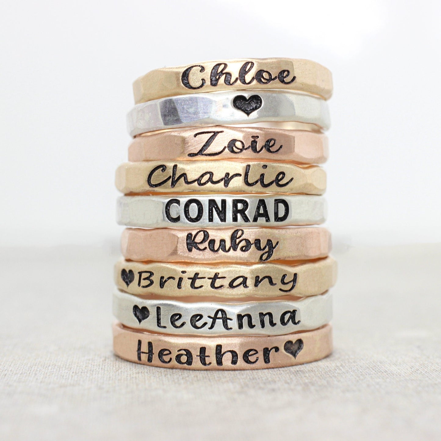 Stackable Engraved Rings // Sterling Silver, Gold, or Rose Gold Hammered Custom Name Ring //  Personalized Gift for Mom