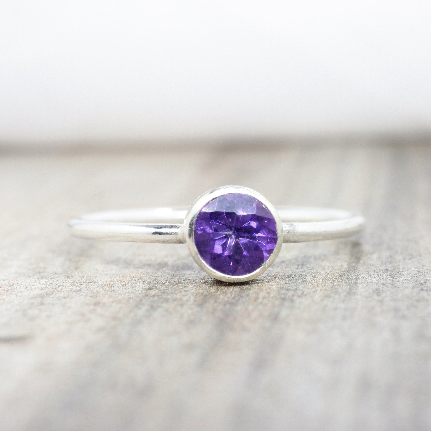 Sterling Silver Amethyst Stacking Ring // 5mm Faceted Gemstone February Birthstone Stackable Ring // Genuine Amethyst Ring